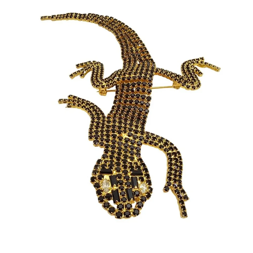 Black Rhinestone Lizard Reptile Brooch Prong Set Gecko Croc Shoulder Pin C996